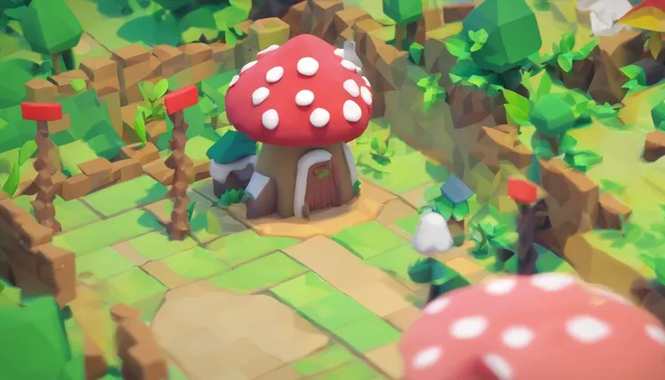 Miniature,Super cute clay world, Isometric view of the city ,Game architectural design, Cartoony,mushroom house，Mushrooms match the architecture，casual game style, Mushroom-shaped building, 3D, blender，closeup cleavage，tmasterpiece，super detailing，best qua...