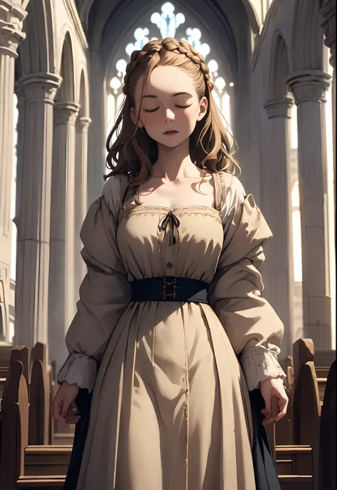 perfect anatomy,super detailed skin,highdetail,best quality,masterpiece,8k,(in 15th century),(common people),1girl,12yo,close eyes,(french braid),pale blonde hair,medium straight hair,(forehead),15th century peasant clothing,spread arms,clavicle,long_skirt...