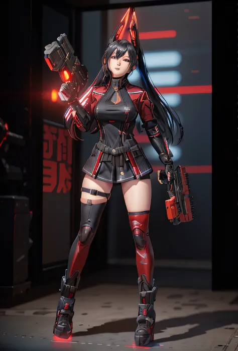 Allard woman wearing black and red clothes and holding a gun, mechanized soldier girl, female cyberpunk anime girl, render of a cute 3d anime girl, wearing techwear and armor, holy cyborg necromancer girl, m4 sopmod ii girls frontline, Katana Zero video ga...