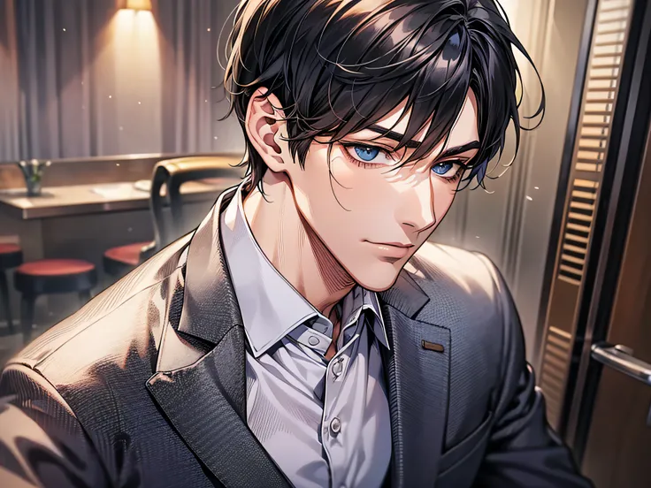 Take off your suit、At the hotel,tmasterpiece，best qualtiy，1 male，AS-Adult，With short black hair，The shirt,Wearing a strict business suit, seminude、anime handsome guy,Wearing a strict business suit, Dark suit, Handsome anime pose in suit and tie, Handsome s...