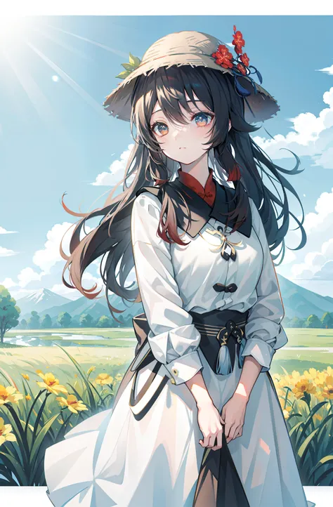 Hu tao from genshin impact, white background, casual outfit, cute pose, Prairie, a beauty with a sunhat standing on the prairie, big clouds, blue sky, meadow, forest, hillside, secluded, tourist attraction, HD detail, hyper-detail, cinematic, surrealism, s...