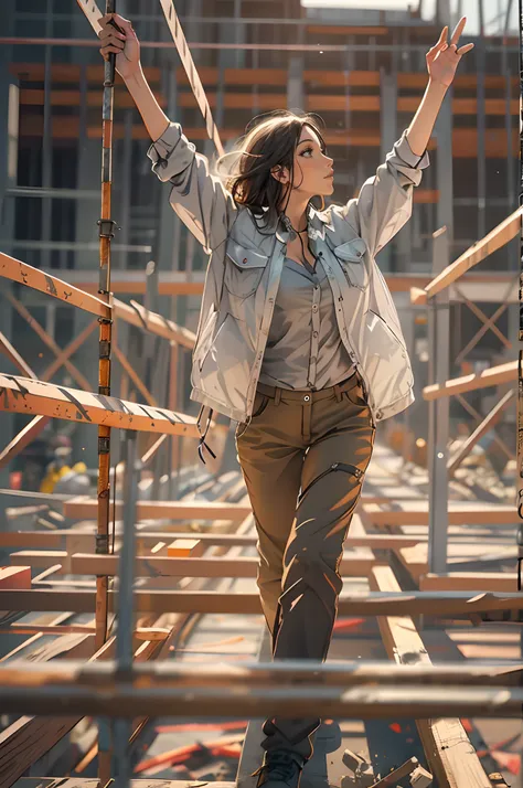 A beautiful woman walking over a construction site scaffolding , outstretched arms, balancing