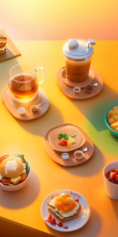 There are many different types of breakfast items on the table, toasting, ko-fi, designed for cozy aesthetics!, product introduction photos, cartoon brew, product design shot, warm and joyful atmosphere, 8, zun, 1 0, 10, hue, y2k design, designed in blende...