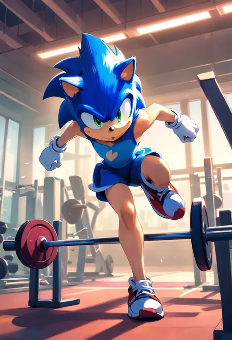 a T-shirt illustration of Sonic the hedgehog working out intensely in a gym