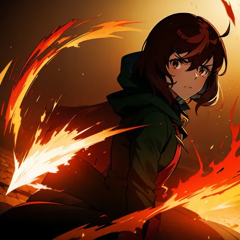 1man,short brown hair, oversized green hoodie, furious, flame eye, blood