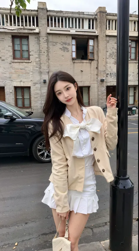 arakfi woman in white dress and jacket poses on street corner, wearing jacket and skirt, smooth white tight clothes suit, white ...