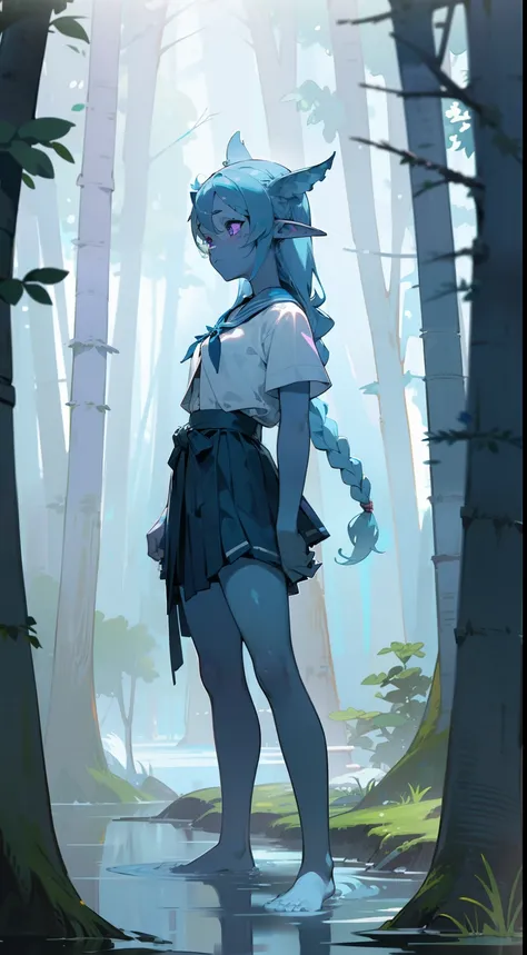 1girl water spirit,20s,solo,(((blue skin))),sad face,white school shirt,black scholl skirt,small tits,light blue hair,long hair,braided hair,purple eyes,,elves ears,barefoot,(((standing in front of a forest)))