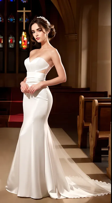 ((full body)), (8K, Best Quality, masterpiece), (Realistic, Photorealsitic), of the highest quality, masterpiece, pretty female, sensual bride, Bride of Love, (((in gorgeous room dress, wedding veil, narrow waist, thin abs, thin thigh))), (((standing in th...