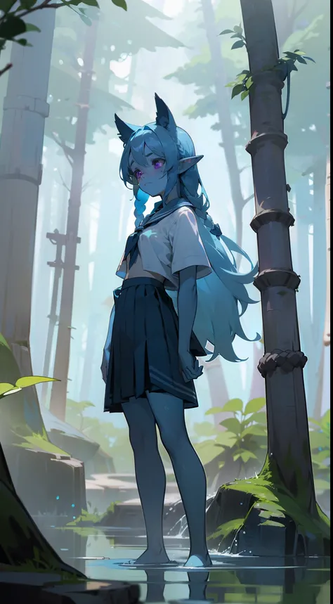 1girl water spirit,20s,solo,(((blue skin))),sad face,white school shirt,black scholl skirt,small tits,light blue hair,long hair,braided hair,purple eyes,,elves ears,barefoot,(((standing in front of a forest)))