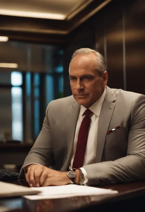 Middle-aged man in suit and tie, sitting at a desk in the office