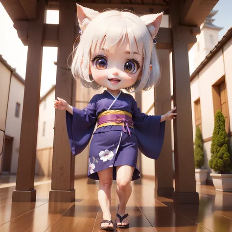 Cute Baby Chibi Anime、(((Chibi 3D))) (Best Quality), (masutepiece)、Chibi Model、Photo session、Blue and purple maxi length kimono、Hyogo、Himeji Castle、outside of house、Open your mouth and smile、Japan flip flops、A detailed face、Perfect Detail、Standing、white  h...