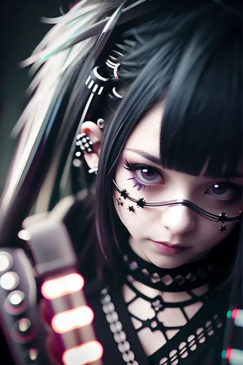 goth_punk, 1girl, solo, medium shot, walking in harajuku, ((night time)), bokeh, neon light, iridescent eyes, starry sky, white shimmer hair, white eyebrow, glowing hair, (iridescent white hair), earrings, bangs, jewelry, mask, blunt bangs, green eyes, mou...