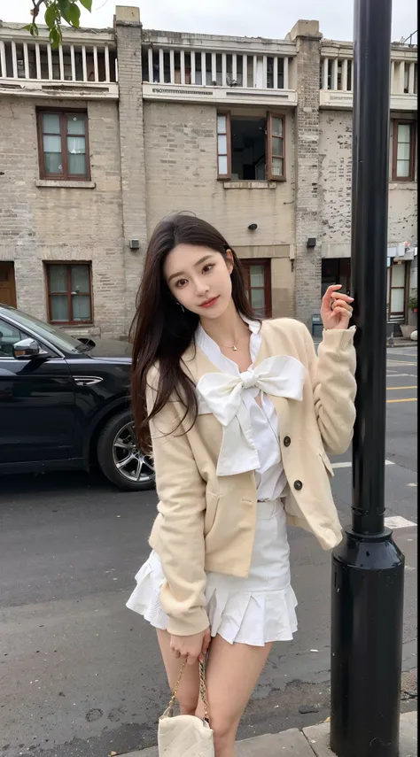 arakfi woman in white dress and jacket poses on street corner, wearing jacket and skirt, smooth white tight clothes suit, white ...