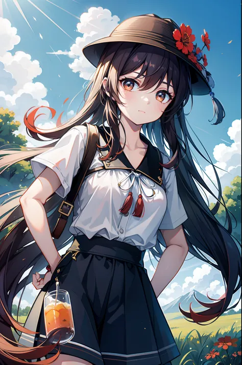 Hu tao from genshin impact, white background, casual outfit, casual t shirt, cute pose, Prairie, a beauty with a sunhat standing on the prairie, big clouds, blue sky, meadow, forest, hillside, secluded, tourist attraction, HD detail, hyper-detail, cinemati...