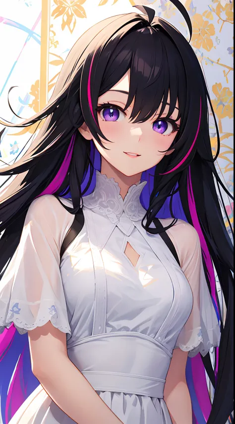 1girl, solo, long hair, ahoge, asymmetrical hair, crossed bangs, streaked hair, black hair, purple eyes, @@, cute face, expressive face, happy, beautiful detailed eyes, beautiful dress, white dress, light ray, colorful, high contrast, (masterpiece), wallpa...