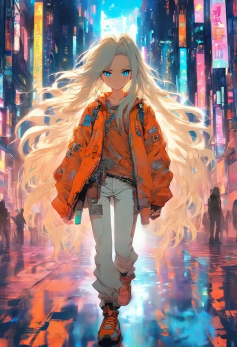 Little girl with long white hair wearing an orange jacket with white pants blue eyes manga style walking on an avenue of a cyberpunk city