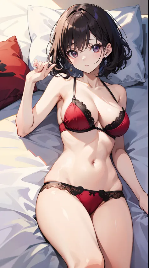 masutepiece、hight resolution、1girl in、in ones underwear only、Dark red lingerie、large full breasts、Lying on your back in bed、Cute anime illustration、