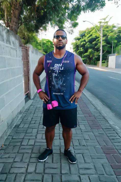 Theres a man standing on the sidewalk with a pink glass, sidewalk, cerca de 2 7 anos, ele tem barba preta! cerca de 2 7 anos de idade, cabelo curto & preto, blusa azul e roxo, Directed by: virado para frente, jovem adulto, homem jovem, short preto, usando ...