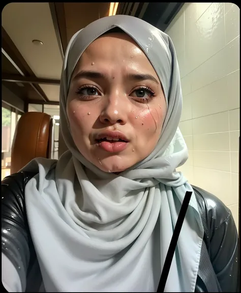 half body portrait photography of a mature 25 years old malay women wearing hijab and naked, side lighting, open mouth, tongue out, watery mouth, very wet face, front view, eye contact, very wet body, watery body,