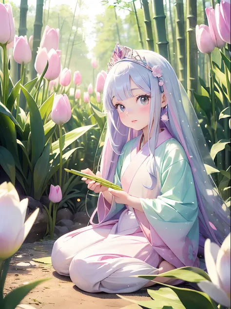 princess kaguya, kaguya in bamboo, (Thumbelina:1.3), (extremely small girl, girl growing in tulip patal:1.2), huge tulip, 
break
(sparkle:1.2), (pastel color:1.3), (flat color:1.2), (hyperrealistic, raw photo),