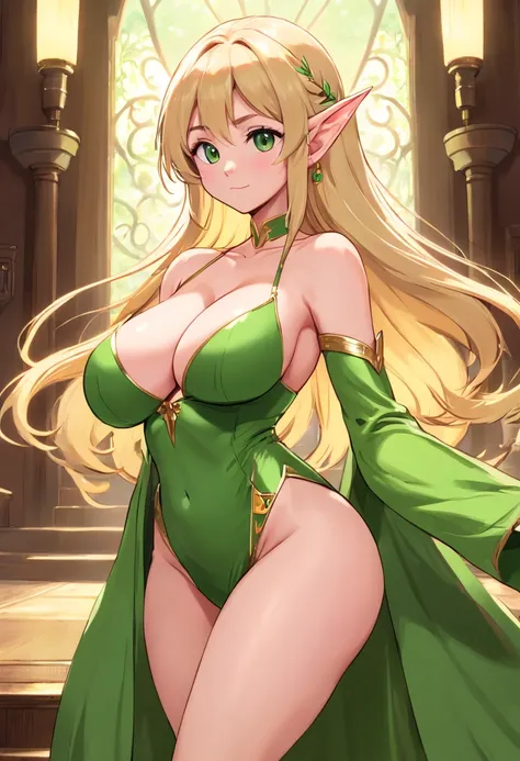 Elf girl, solo, blonde hair, very long hair, (big breast : 1.7), (wide hips), (big butt), green gown, brown high heels, stand, full body