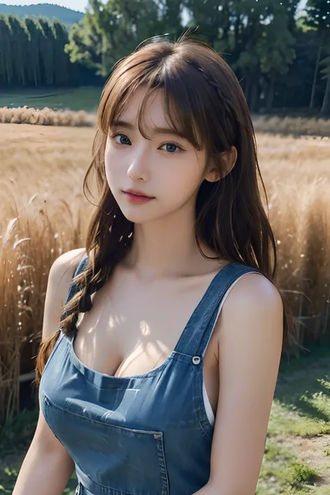 ((1girl in)),Light Brown Fringe Hair、Braided hair、disheveled hair、Light brown eyes、(dignified expression)、(Jeans Apron),(爆乳:1.55)、No shoulder、Tank Tops、((fullnude))、Emphasize the valley、grass field、blue-sky、(Photorealsitic)、(intricate detailes:1.2)、(​maste...