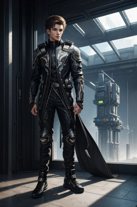 tmasterpiece，best qualtiy，ultra - detailed，very detailed illustration，The is very detailed，Complicated details，A high resolution，Very detailed 8k CG wallpaper，Handsome，A boy，Futuristic clothing，Wear futuristic shoes，There is a sense of design，Sci-fi --auto