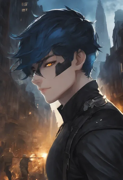 a 15-year-old man with blue hair and black eyes, wears a black superhero outfit similar to a spy uniform with a tattered yellow cape, an aura of shadows appears behind him, his back on top of a building and is watching a city in ruins, anime, novel cover