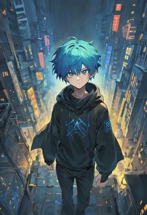 a 15-year-old man with blue hair and black eyes, wears a black superhero outfit similar to a spy uniform with a tattered yellow cape, an aura of shadows appears behind him, his back on top of a building and is watching a city in ruins, anime, novel cover