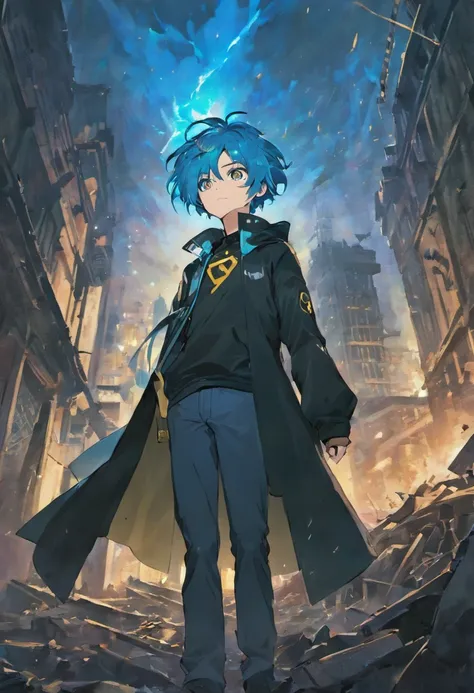 a 15-year-old man with blue hair and black eyes, wears a black superhero outfit similar to a spy uniform with a tattered yellow cape, an aura of shadows appears behind him, his back on top of a building and is watching a city in ruins, anime, novel cover