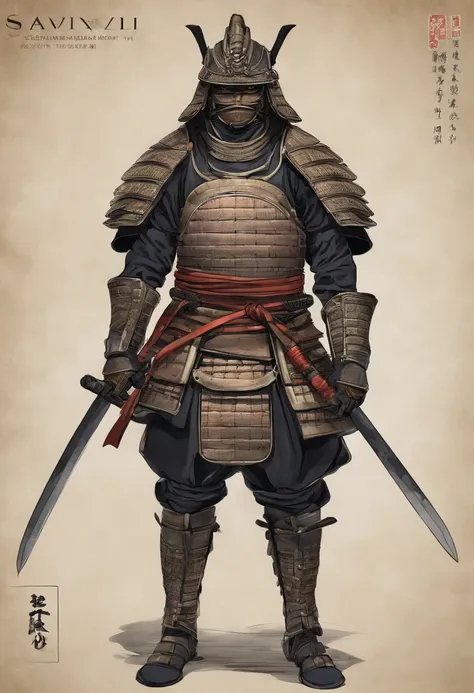 Describe in detail a traditional samurai, wearing a complete samurai war armor, with his body covered from head to toe. Start with the head and hood, highlighting the materials and adornments of the cloak. Continue with the face, hair, and the samurais eye...