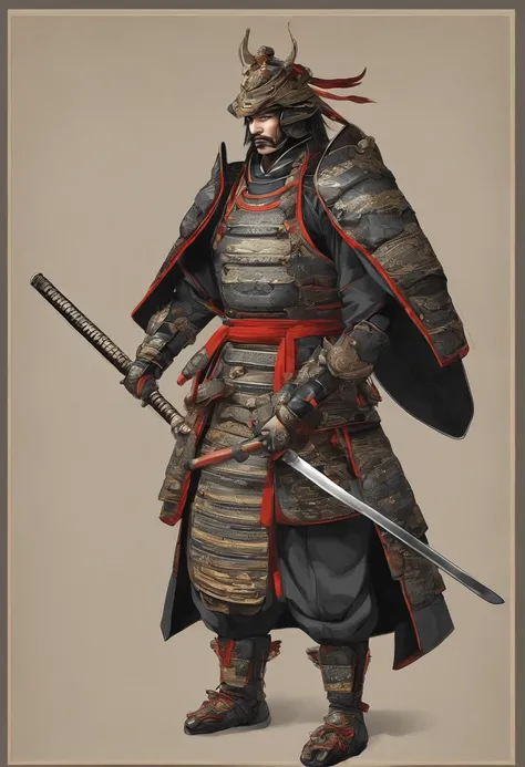 Describe in detail a traditional samurai, wearing a complete samurai war armor, with his body covered from head to toe. Start with the head and hood, highlighting the materials and adornments of the cloak. Continue with the face, hair, and the samurais eye...