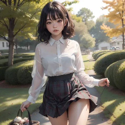 Similar to Mikako Tabe、、Little fat girl、18year old、Bronze hair、Curly、Transparent cotton shirt、Angry face、Autumn landscape、Hair illuminated by the sun、Little fat woman、skirt by the、white  hair、shorth hair、hightquality、a miniskirt、校服、tanned face、tiny chest、U...