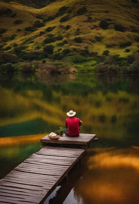 Homem segurando uma madeira em cima de rocha perto de um lago