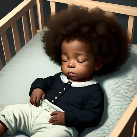 A  black little baby with afro in a rockin crib, sleeping,late’s 70’s, realistic, cinematic