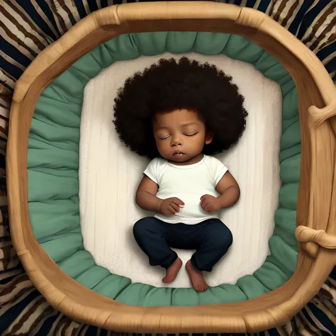 A  black little baby with afro in a rockin crib, sleeping,late’s 70’s, realistic, cinematic