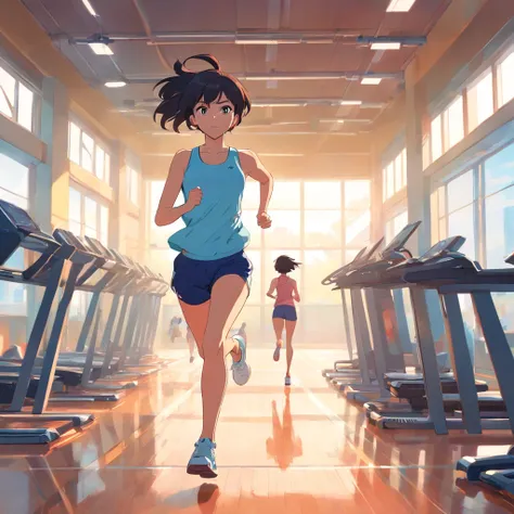 Girl running in gym in athletic clothes