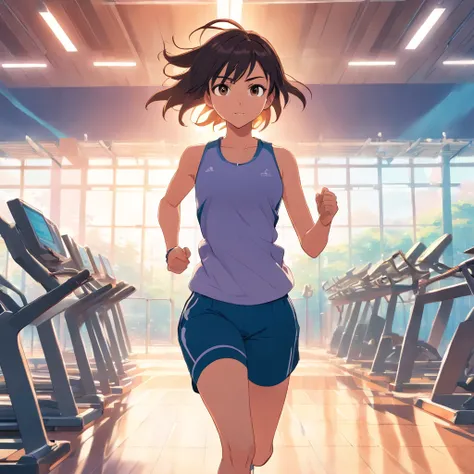 Girl running in gym in athletic clothes