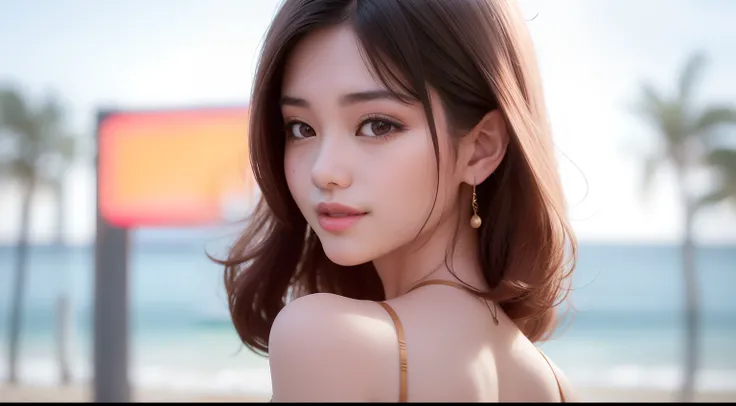 Ibiza Beach, sandy beach background, korean woman, one-piece, Very sexy woman, Light brown long hair, a delicate face, high resolucion, 8K, Extremely detailed, Beautiful detailed eyes, Best Quality, A highly detailed, Detailed face, Solo, 1 Girl, , A small...