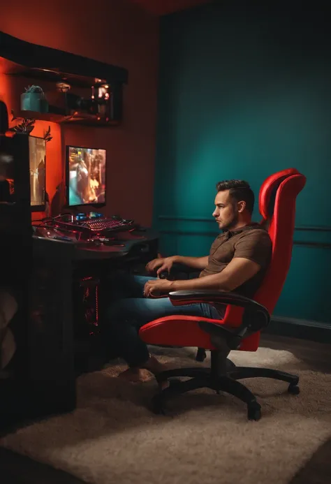 Man sitting in gaming chair playing computer games，The woman stood back and crossed her waist