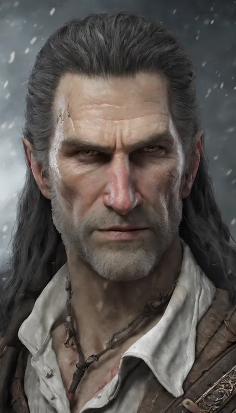 estilo the witcher 3, guerreiro dentro de um bar, cabelo branco, fisico forte, cenario dark ultra realista 8k