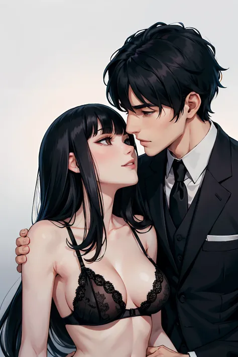 Pale man, long medium black hair and black suit kissing a pale woman with black hair with bangs black lingerie, man and woman kissing