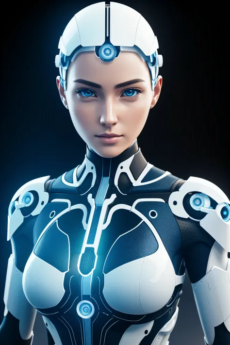 Produce a highly detailed and ultra-realistic 3D character rendering showcasing a female android with a body constructed from interconnected plates, resembling a complex system of gears and components. The color palette should predominantly feature white, ...