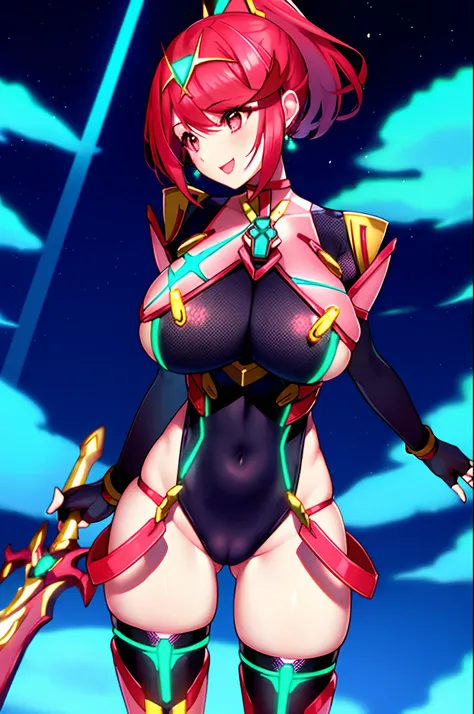 pyra (xenoblade), teen_1girl, loli, bangs, black gloves, breasts, red eyes, shout, earrings, eyelashes, fingerless gloves, floating hair, , gem, gloves, hair ornament, headpiece, jewelry, big_breasts, leaning back, swimsuit, neon trim, official art, pose, ...