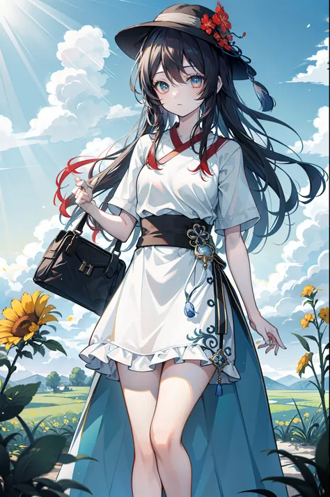 Hu tao from genshin impact, white background, casual outfit, casual t shirt, cute pose, Prairie, a beauty with a sunhat standing on the prairie, big clouds, blue sky, meadow, forest, hillside, secluded, tourist attraction, HD detail, hyper-detail, cinemati...