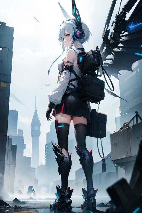 Standing in a devastated world、Wearing mechanical headphones、Dressed in Powered Armor、Girl with mechanical wings on her back。