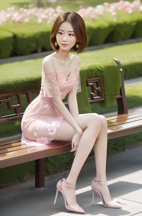 beautiful chinese woman sitting on bench,  dress tightly, slim and transparent，off-the-shoulder attire，low chest，legs straight，v...