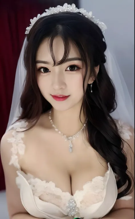 Close-up of a beautiful bride in a bridal dress,Guvitz，Blush，Head flower，headdress，（Bandeau wedding dress：1.5），（Silk dress：1.2）,（Strapless wedding dress：1.5）,Plain white dress，necklace，earring，Paper cutouts for weddings,(huge tit:1.3)，Neck ornaments，Deep V...