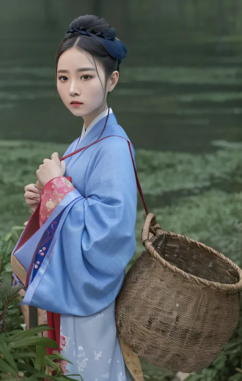 Arad woman in blue kimono，Basket in hand, Palace ， A girl in Hanfu, Hanfu, with acient chinese clothes, Wearing ancient Chinese clothes, Traditional beauty, Traditional Chinese clothing, Chinese traditional, traditional garb, inspired by Gu An, Chinese sty...