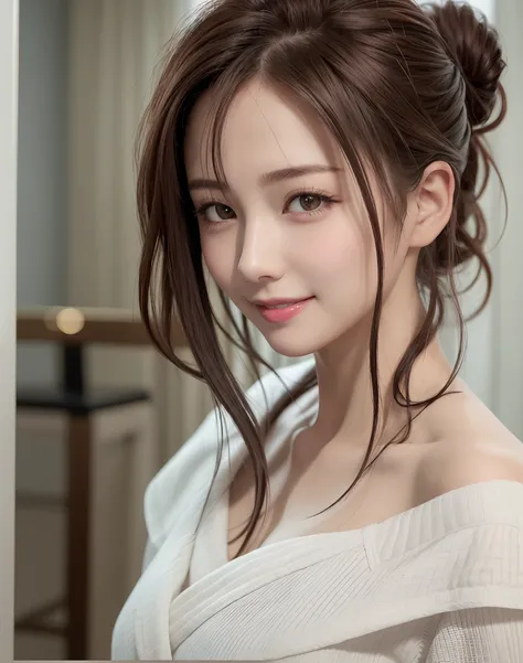 (Best Quality), (masutepiece), (High resolution), (Intricate details:0.2),(Professional Lighting), dressing gown, Detailed background,off shoulders, (Previous view), 1girl in, Solo, (Beautiful face),  Slim body, Fine skin, Smile, brown hair in a ponytail, ...